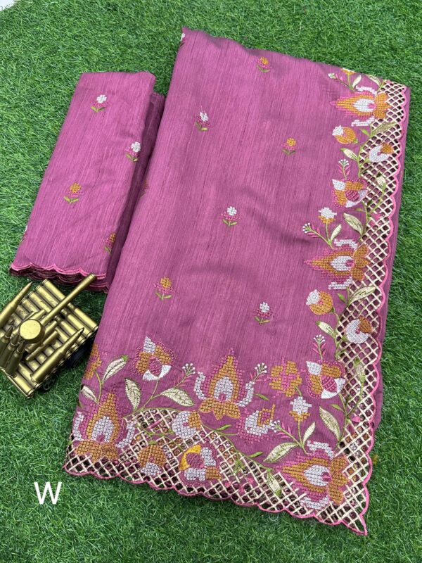 preorder: Blended Tussar saree with cross stitch and cutwork ( Available in 8 colors)