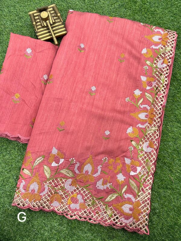 preorder: Blended Tussar saree with cross stitch and cutwork ( Available in 8 colors)