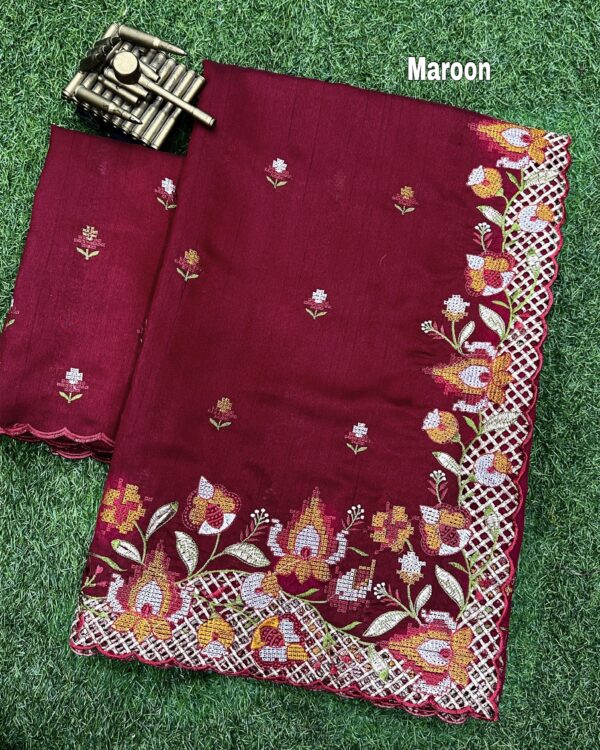 preorder: Blended Tussar saree with cross stitch and cutwork ( Available in 8 colors)