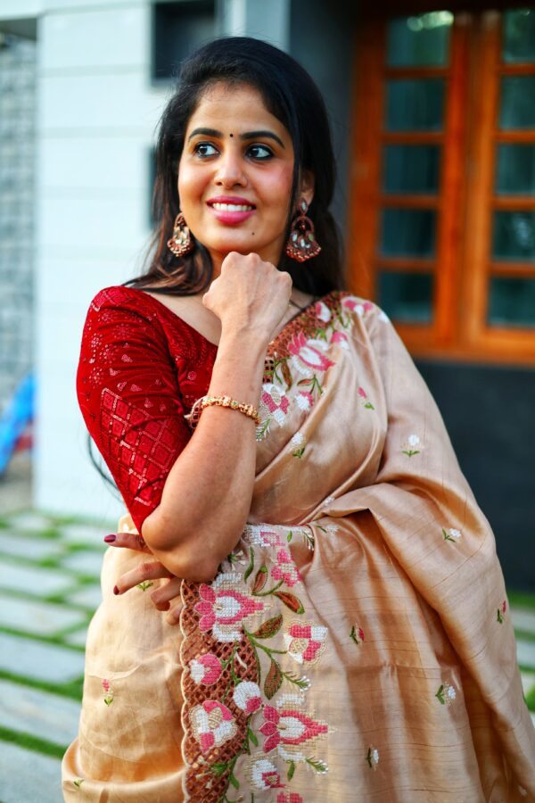 preorder: Blended Tussar saree with cross stitch and cutwork ( Available in 8 colors)