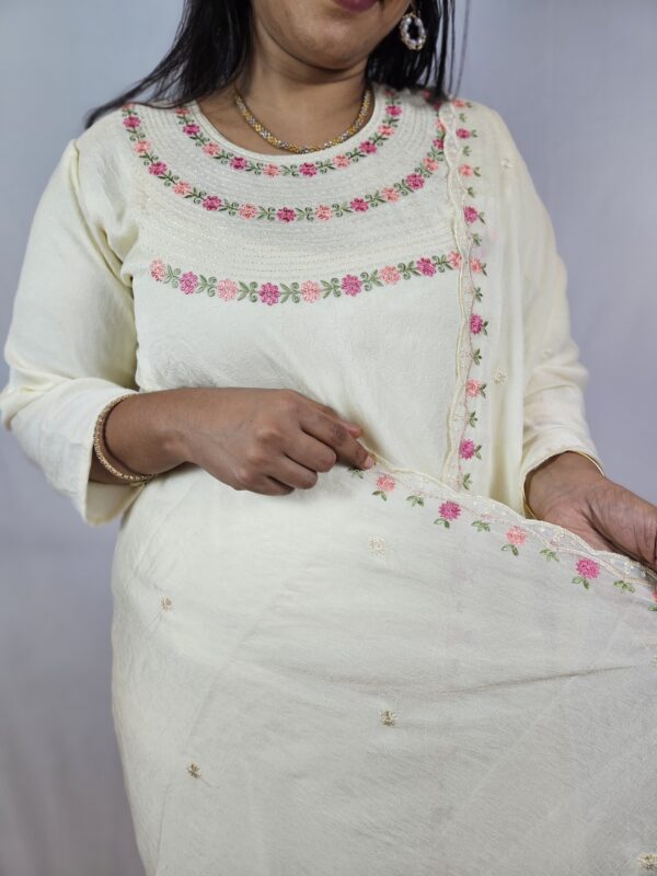 Embroidered three piece set (stitched) in Vichitra silk