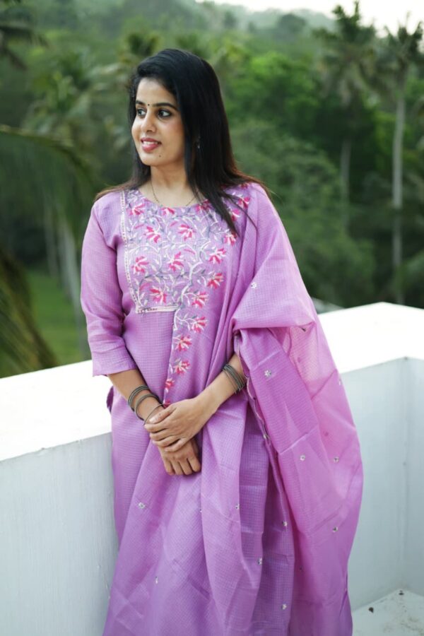 Elegant Lavender Kota Embroidered Two-Piece Set – Top & Dupatta