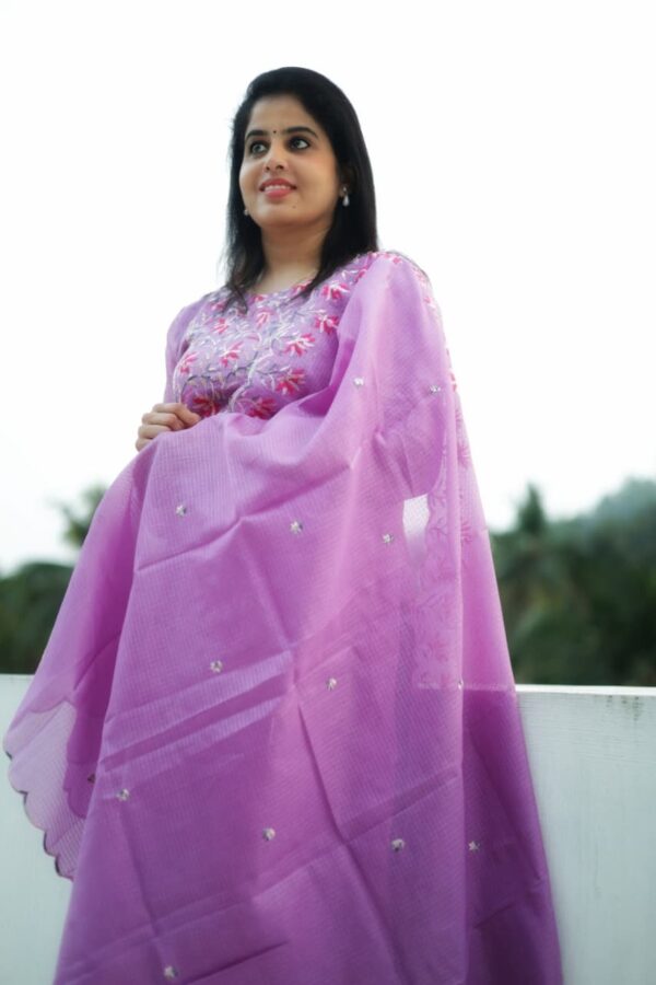 Elegant Lavender Kota Embroidered Two-Piece Set – Top & Dupatta