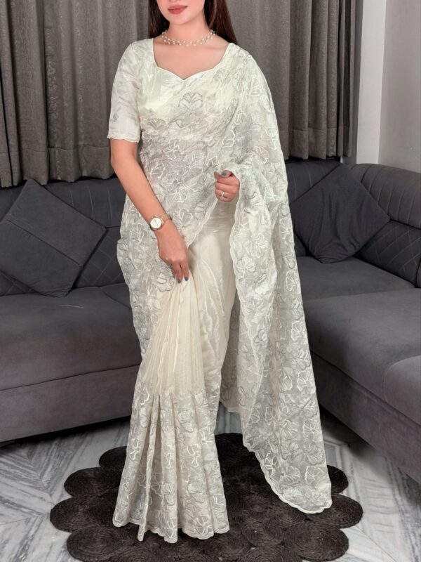 Swasti - offwhite Chandi silk Organza Saree with Embroidery