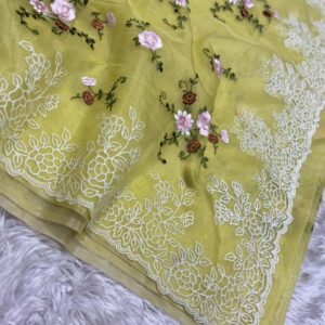 2026/09/1001636475.jpg Shruv-002- yellow soft Organza Saree with turkish style Embroidery