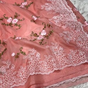 2026/09/1001636878-scaled.jpg Shruv-001- peach soft Organza Saree with turkish style Embroidery