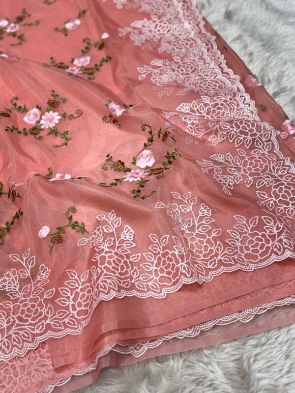 2026/09/1001636878-scaled.jpg Shruv-001- peach soft Organza Saree with turkish style Embroidery