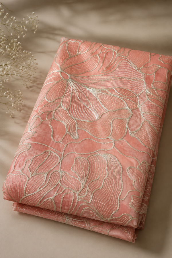 Srina-002- peach soft  Organza Saree with turkish style Embroidery