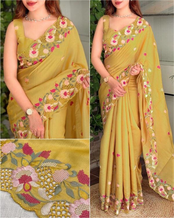 Elly 004- korean tussar saree embroidery and cutwork